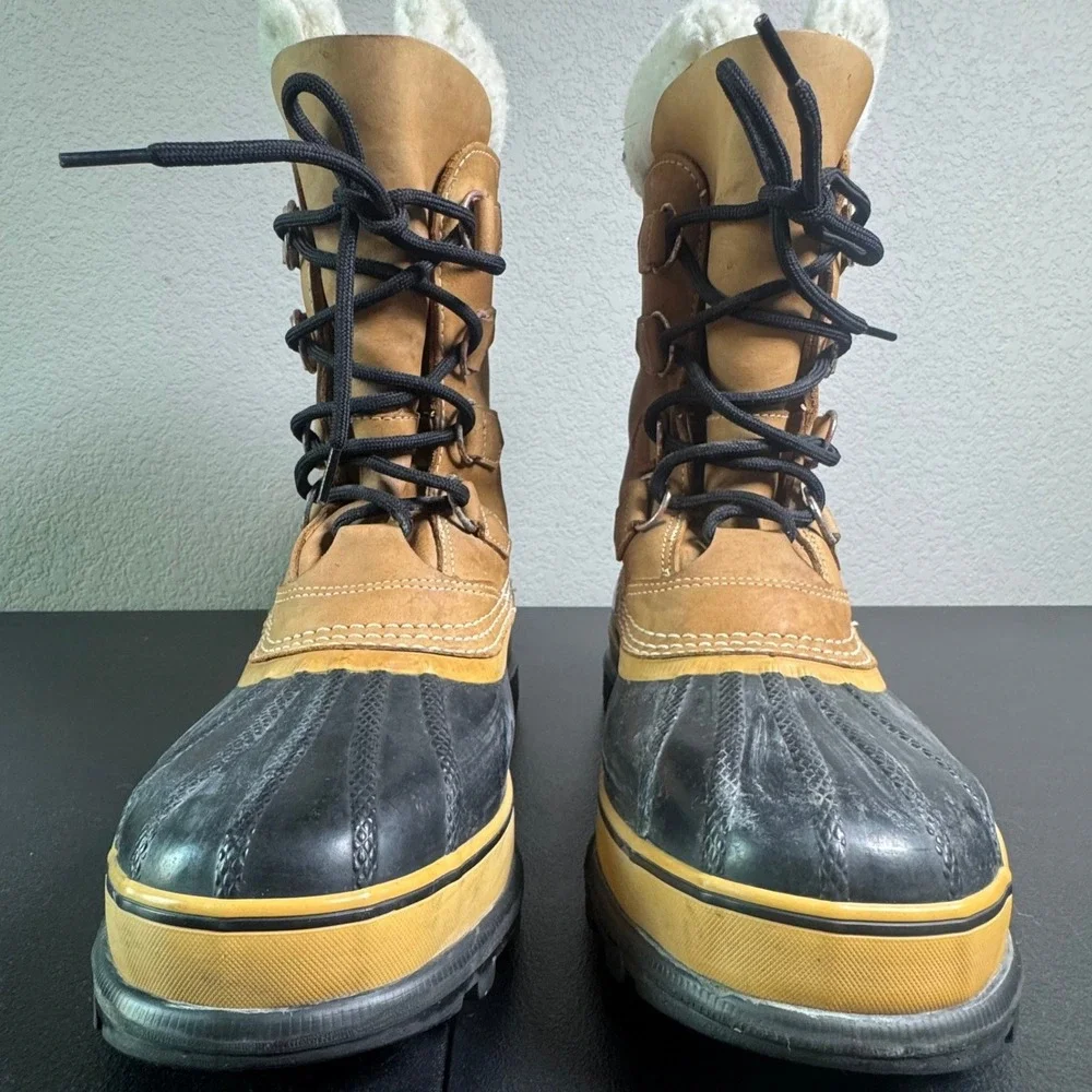 Sorel Caribou Mens Waterproof Winter Snow Pac Boots Buff Black Leather Rubber 10